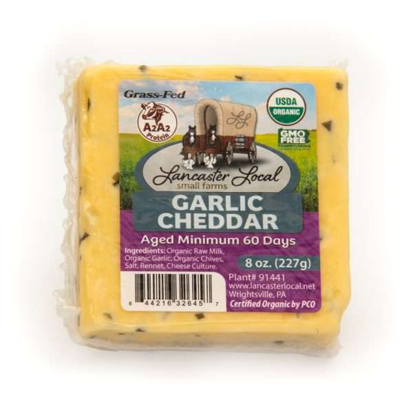 Lancaster Local Raw Organic Garlic Cheddar Cheese | From 100% Grass Fed A2/A2 Milk | 8 oz