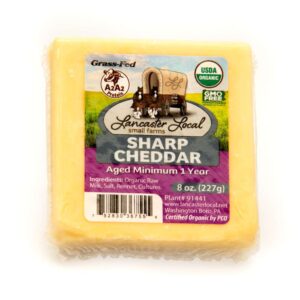 Lancaster Local Raw Organic Sharp Cheddar Cheese 8 oz. | From 100% Grass Fed A2/A2 Milk | 8 oz