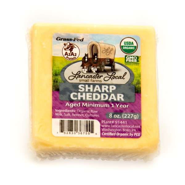 Lancaster Local Raw Organic Sharp Cheddar Cheese 8 oz. | From 100% Grass Fed A2/A2 Milk | 8 oz