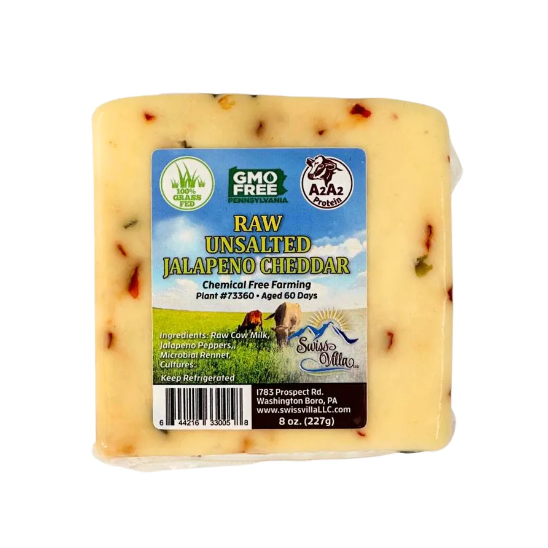 Raw Unsalted Jalapeno Cheddar Cheese | From 100% Grass Fed A2/A2 Milk | 8 oz