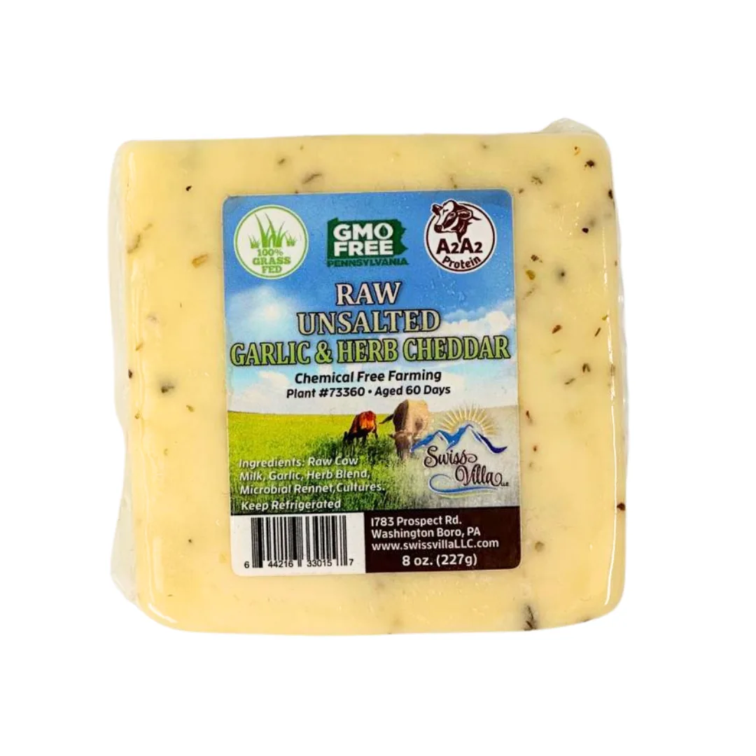 Raw Unsalted Garlic And Herb Cheddar Cow Cheese | From 100% Grass Fed A2/A2 Milk | 8 oz