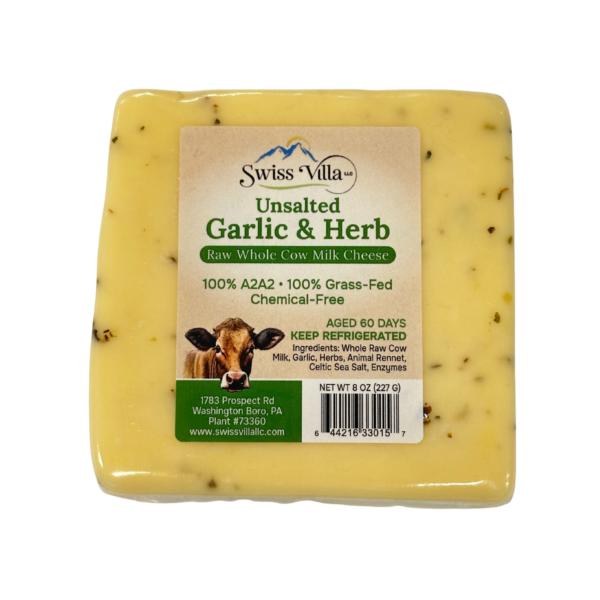 Raw Unsalted Garlic And Herb Cheddar Cow Cheese | From 100% Grass Fed A2/A2 Milk | 8 oz