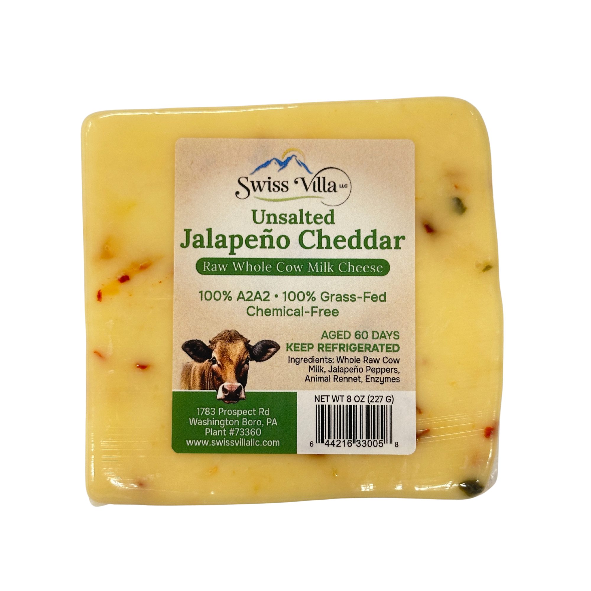 Raw Unsalted Jalapeno Cheddar Cheese | From 100% Grass Fed A2/A2 Milk | 8 oz